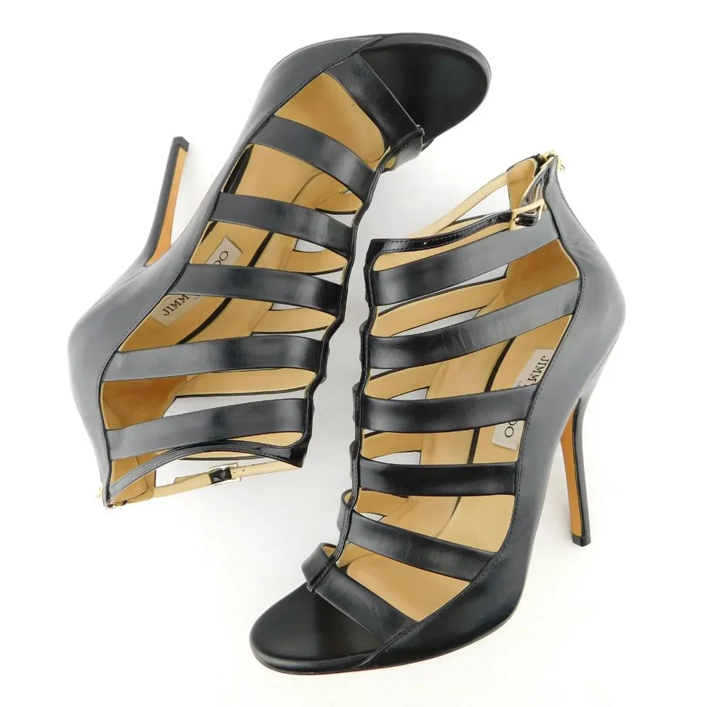 JIMMY CHOO Black Leather Caged Open Toe Bootie Heel Pumps 41